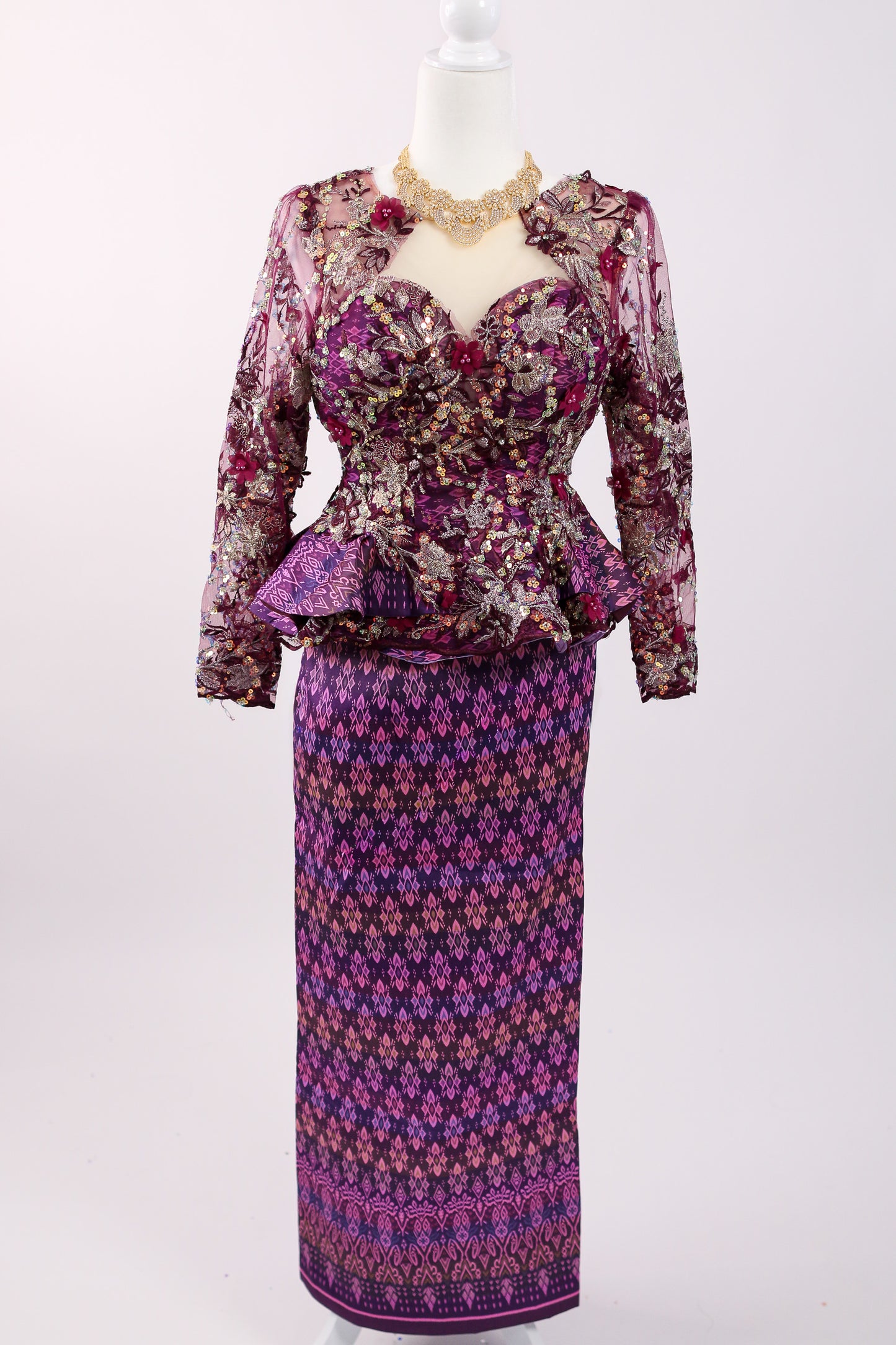 Magenta Plum Set — Deep Purple Lace Top + Geometric Skirt