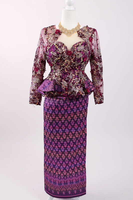 Magenta Plum Set — Deep Purple Lace Top + Geometric Skirt