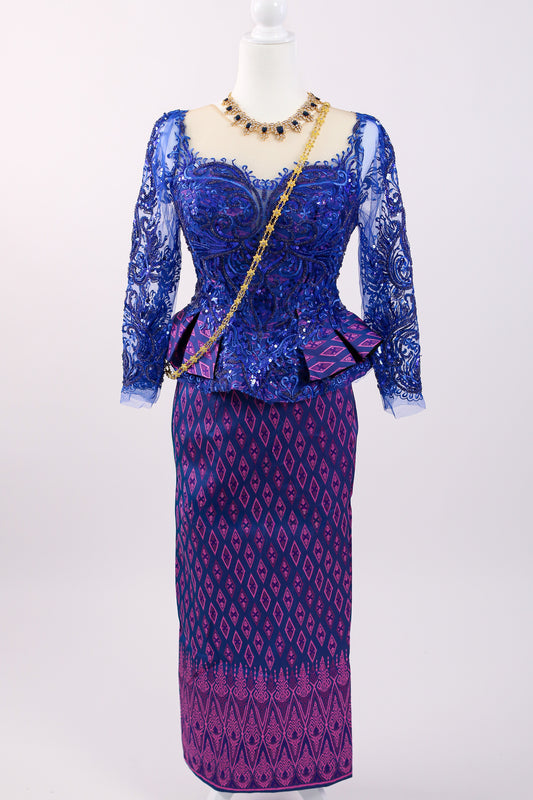 Twilight Set — Cobalt Lace Top + Purple Pattern Skirt