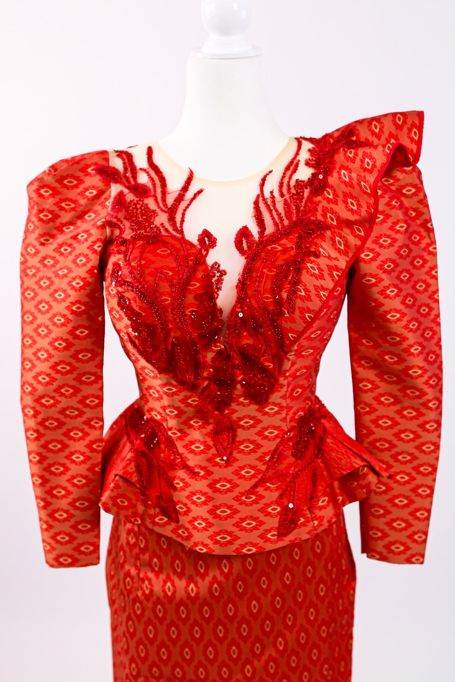 Phoenix Rouge Set — 3D Feather Silk Top + Border Skirt