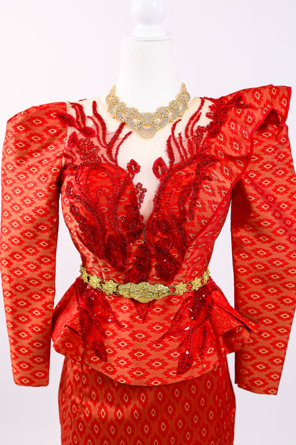 Phoenix Rouge Set — 3D Feather Silk Top + Border Skirt
