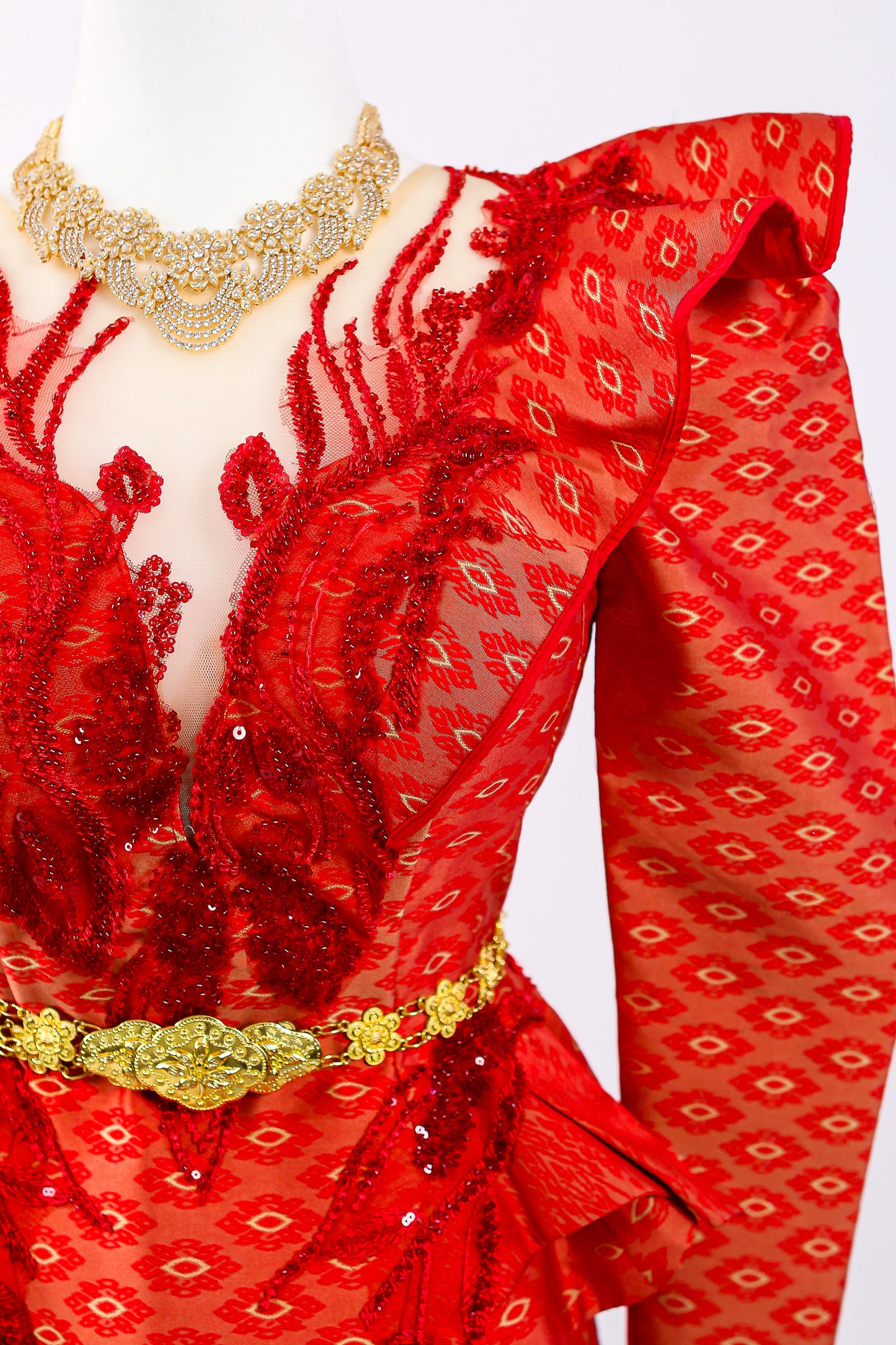 Phoenix Rouge Set — 3D Feather Silk Top + Border Skirt