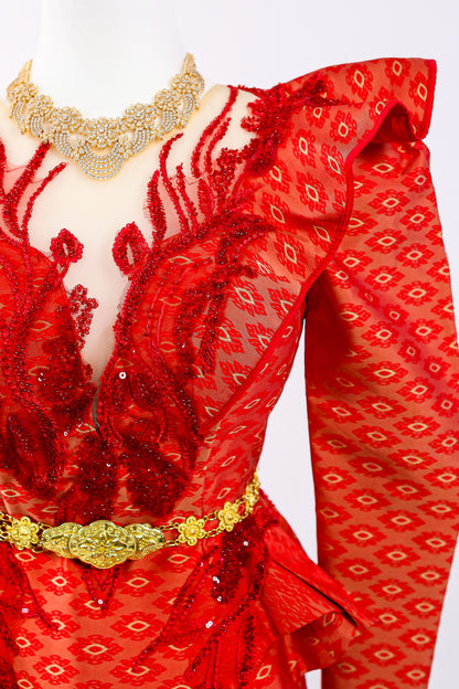 Phoenix Rouge Set — 3D Feather Silk Top + Border Skirt