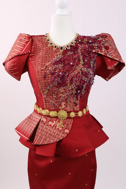 Rosy Scarlet Set — Red Peplum Top + Sleek Skirt