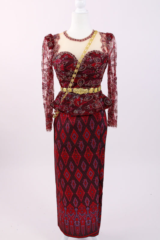 Crimson Dynasty Set — Beaded Lace Top + Geometric Skirt