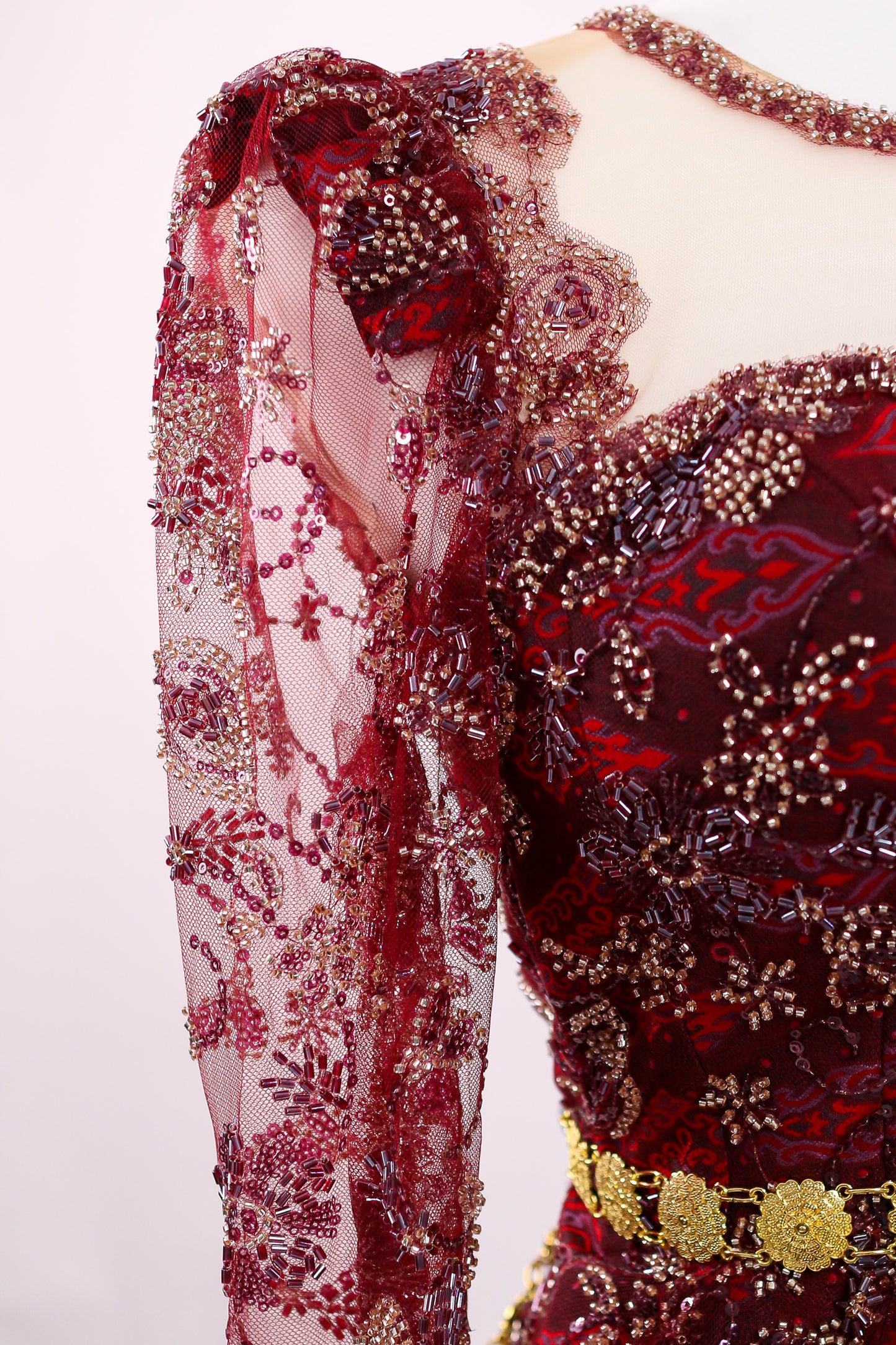 Crimson Dynasty Set — Beaded Lace Top + Geometric Skirt