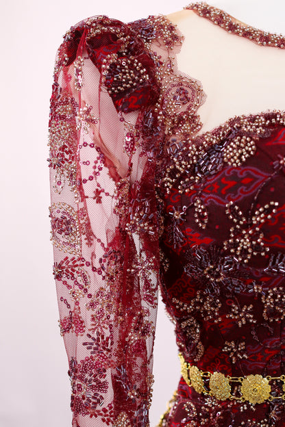 Crimson Dynasty Set — Beaded Lace Top + Geometric Skirt