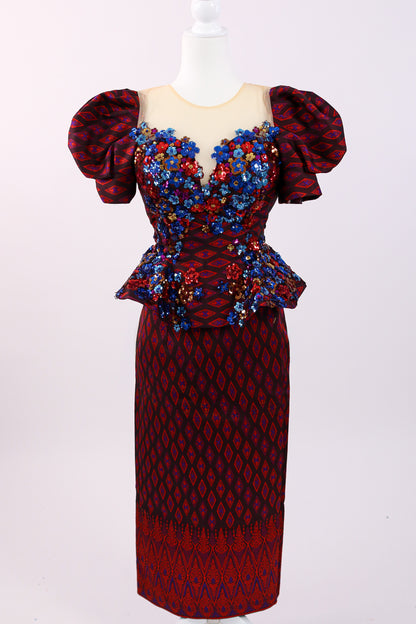 Ember Set — Navy-Beaded Top + Red Pattern Skirt