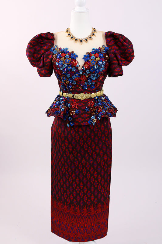 Red and blue patterned dress with floral embellishments on a white background