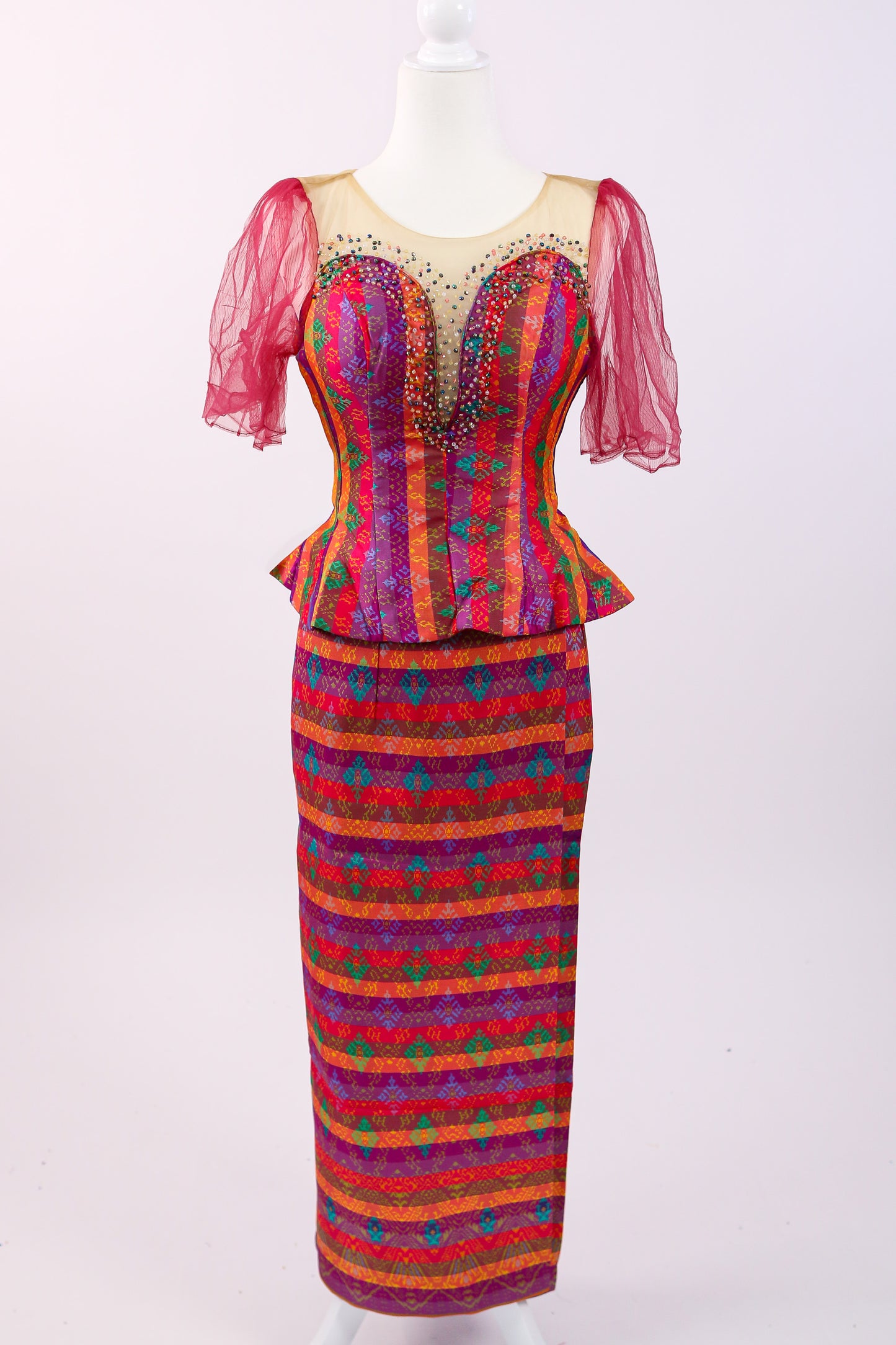 Firecracker Lace Set — Pink-Trim Red Lace Top + Stripe Skirt