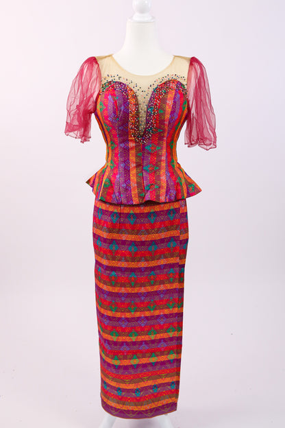 Firecracker Lace Set — Pink-Trim Red Lace Top + Stripe Skirt