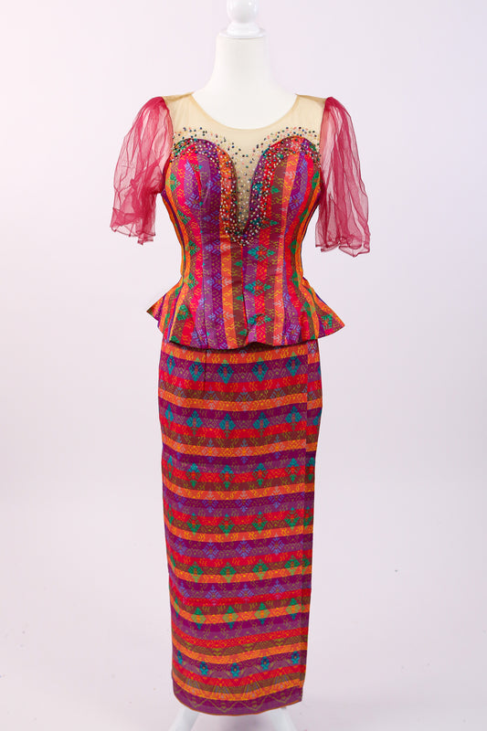 Firecracker Lace Set — Pink-Trim Red Lace Top + Stripe Skirt