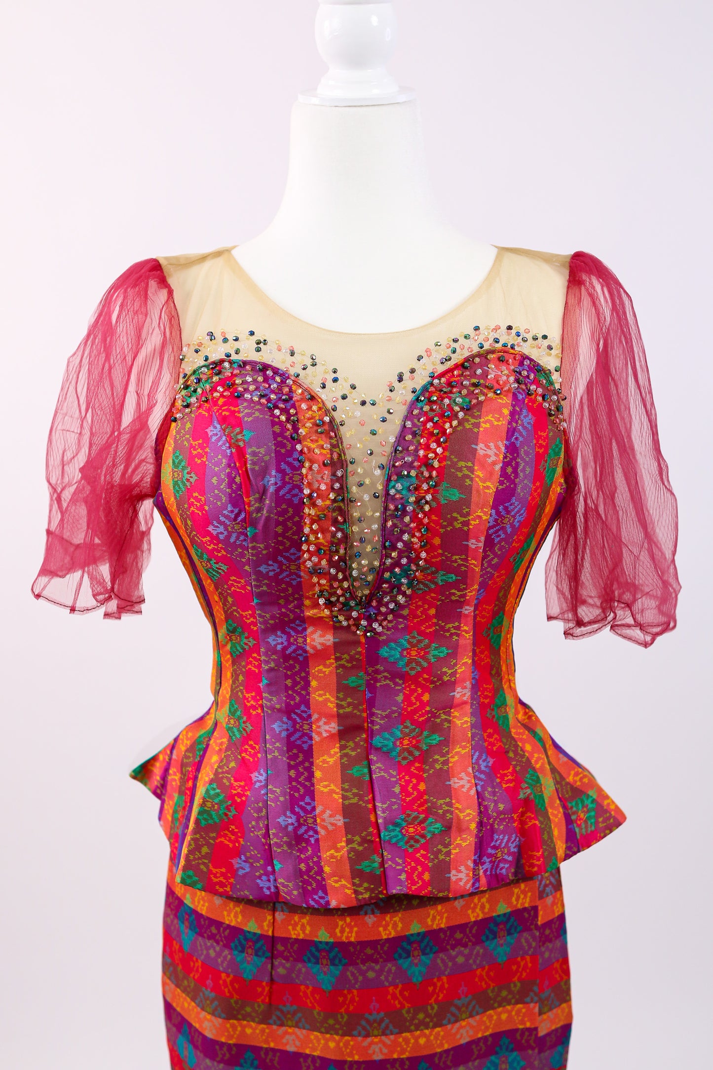 Firecracker Lace Set — Pink-Trim Red Lace Top + Stripe Skirt