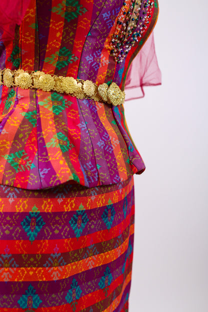 Firecracker Lace Set — Pink-Trim Red Lace Top + Stripe Skirt