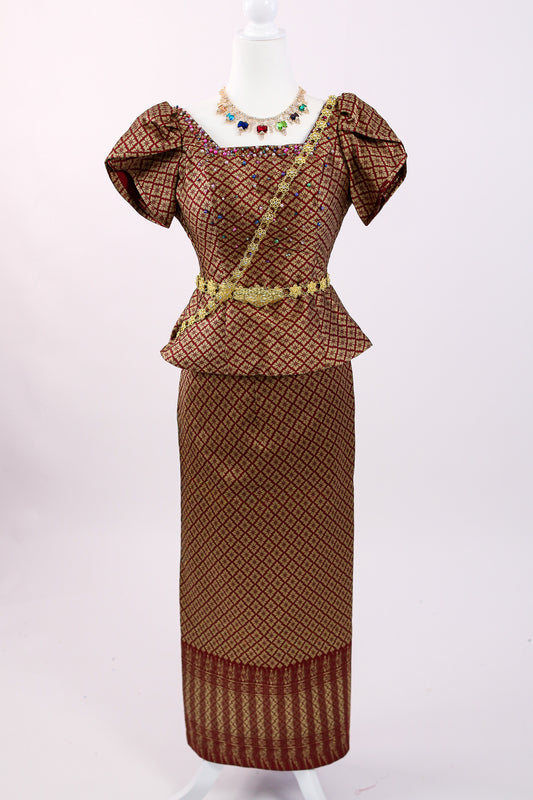 Maroon Royale Set — Brocade Top + Pattern Skirt
