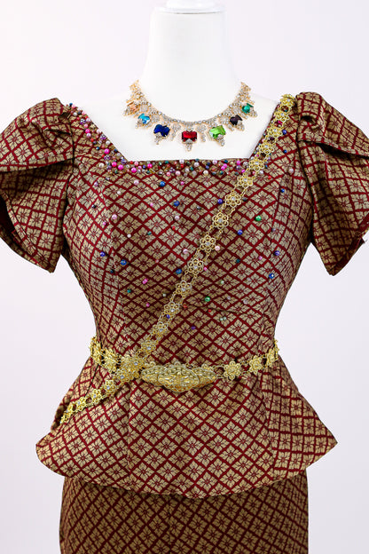 Maroon Royale Set — Brocade Top + Pattern Skirt