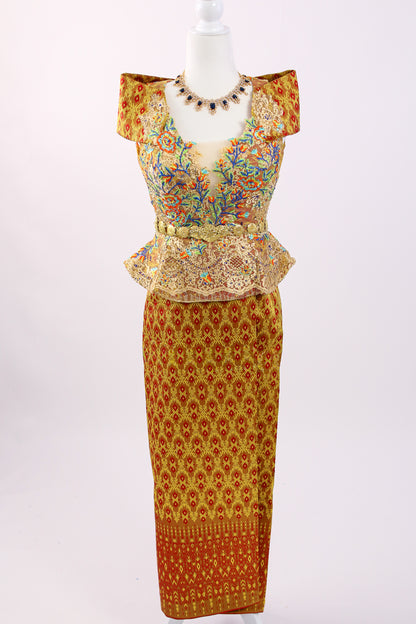 Sovann Muse Set — Gold Beaded Top + Pattern Skirt