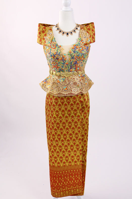 Sovann Muse Set — Gold Beaded Top + Pattern Skirt