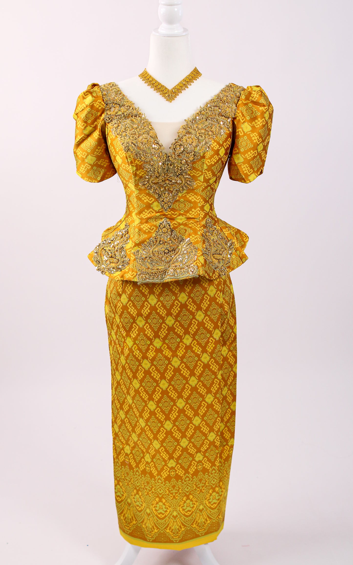 Daystar Gold Set — Puff-Sleeve Beaded Top + Pattern Skirt