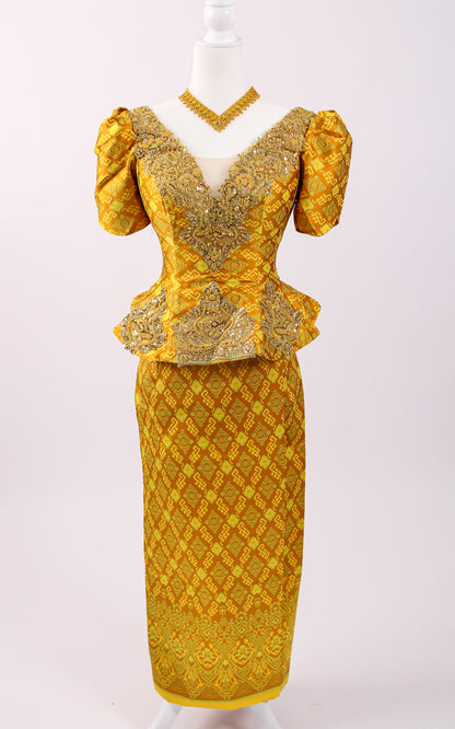 Daystar Gold Set — Puff-Sleeve Beaded Top + Pattern Skirt