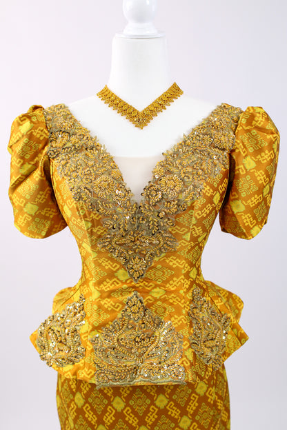 Daystar Gold Set — Puff-Sleeve Beaded Top + Pattern Skirt