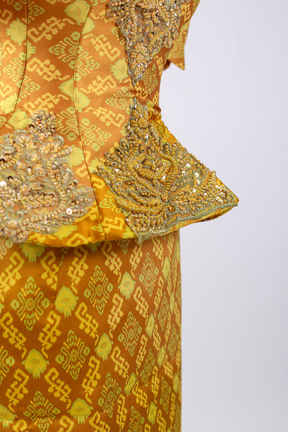 Daystar Gold Set — Puff-Sleeve Beaded Top + Pattern Skirt