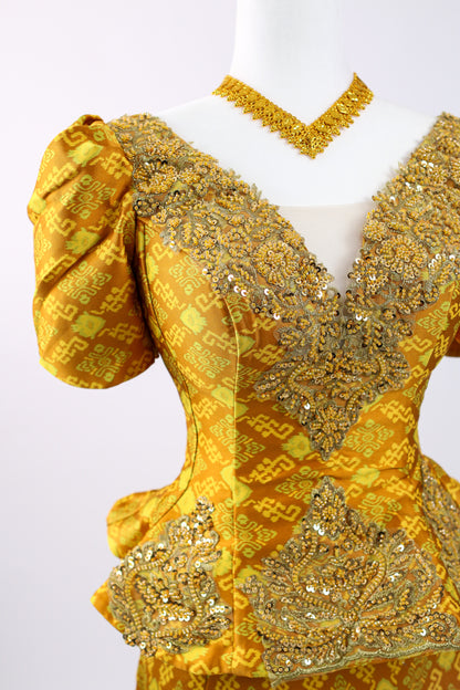 Daystar Gold Set — Puff-Sleeve Beaded Top + Pattern Skirt