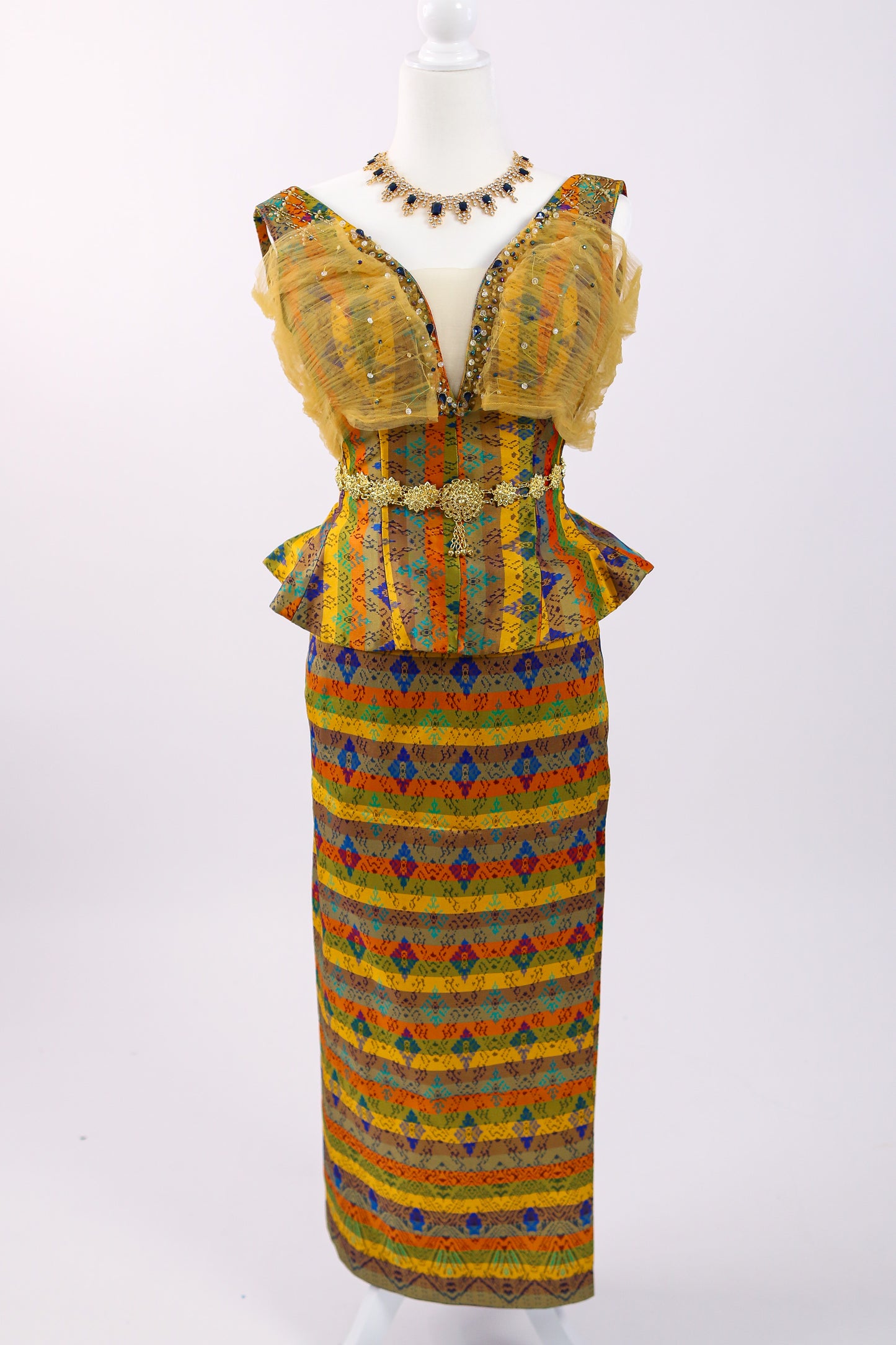 Goldleaf Set — Ruffle Sleeve Top + Multi-Stripe Skirt