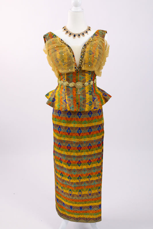Goldleaf Set — Ruffle Sleeve Top + Multi-Stripe Skirt