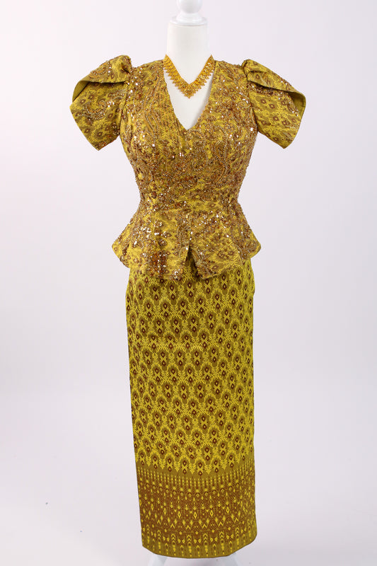 Soriya Marigold Set — Puff-Sleeve Lace Top + Skirt