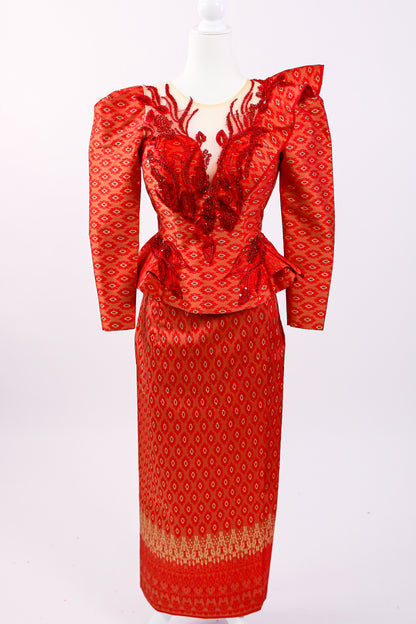 Phoenix Rouge Set — 3D Feather Silk Top + Border Skirt